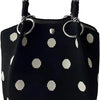 Black knitted bucket bag with white polka dots and a braided handle
