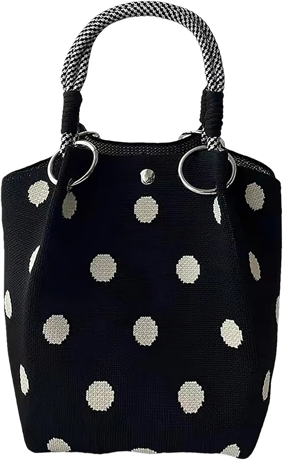 Black knitted bucket bag with white polka dots and a braided handle