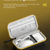 A yellow and black organizer case is open, showing a white mouse and other electronic accessories inside.