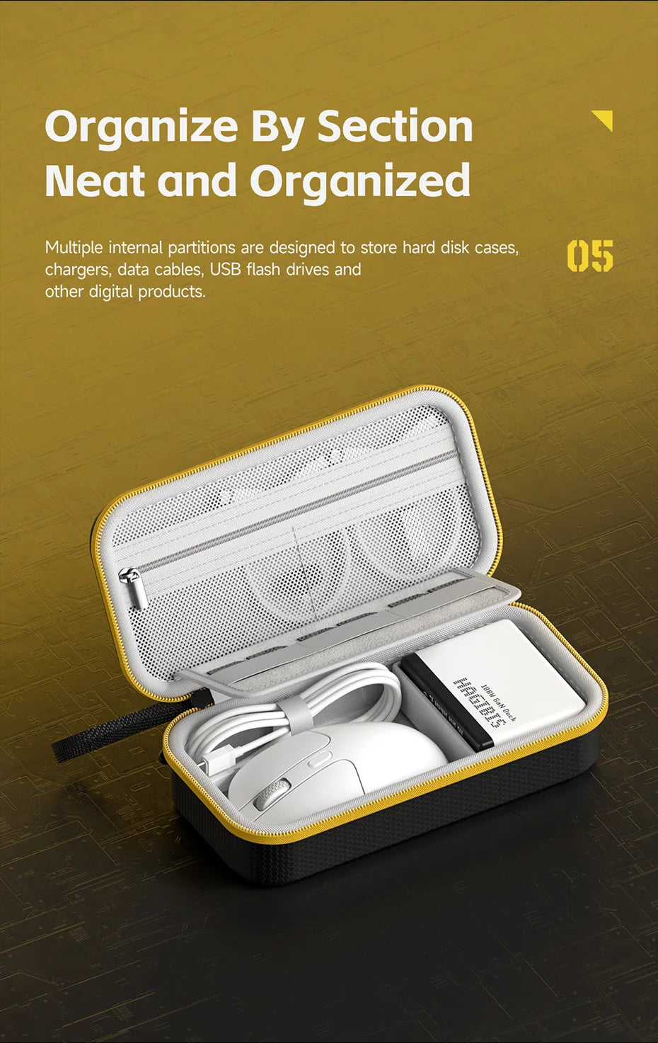 A yellow and black organizer case is open, showing a white mouse and other electronic accessories inside.