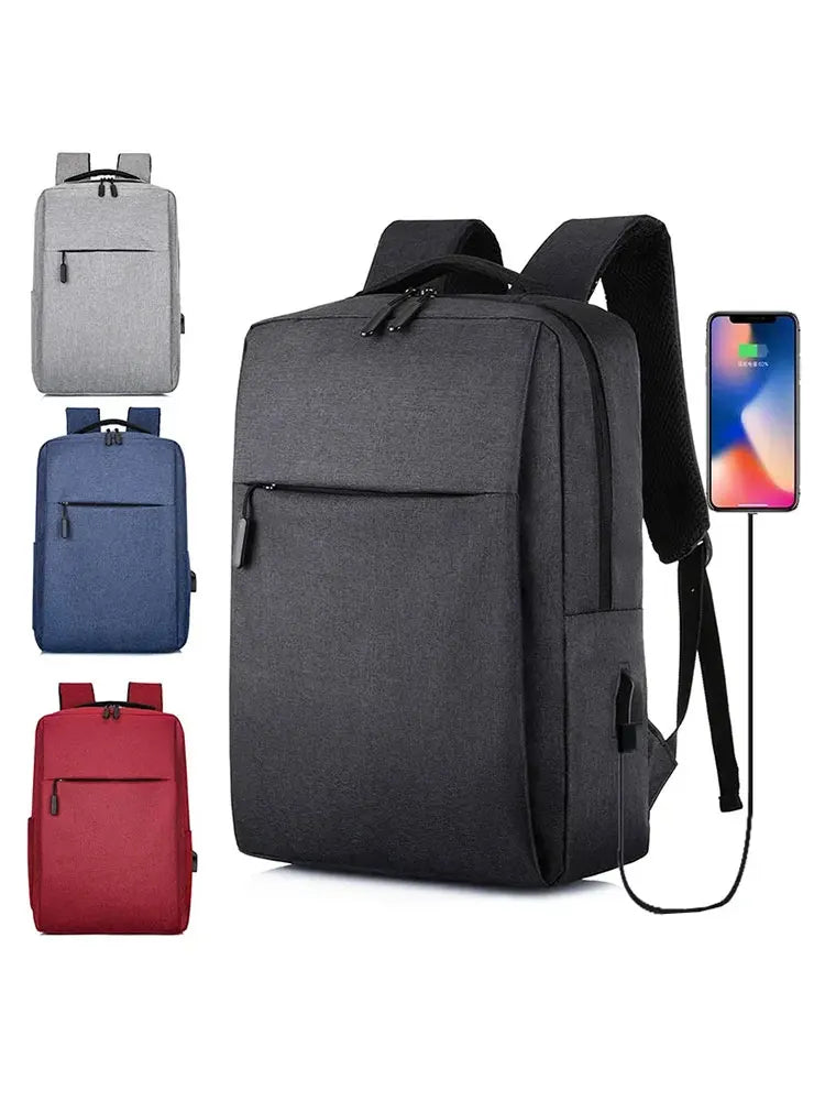 A black laptop backpack shown with color options in gray, blue, and red, next to a smartphone.