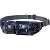 A dark camouflage waist bag with a black strap and a hidden security compartment.