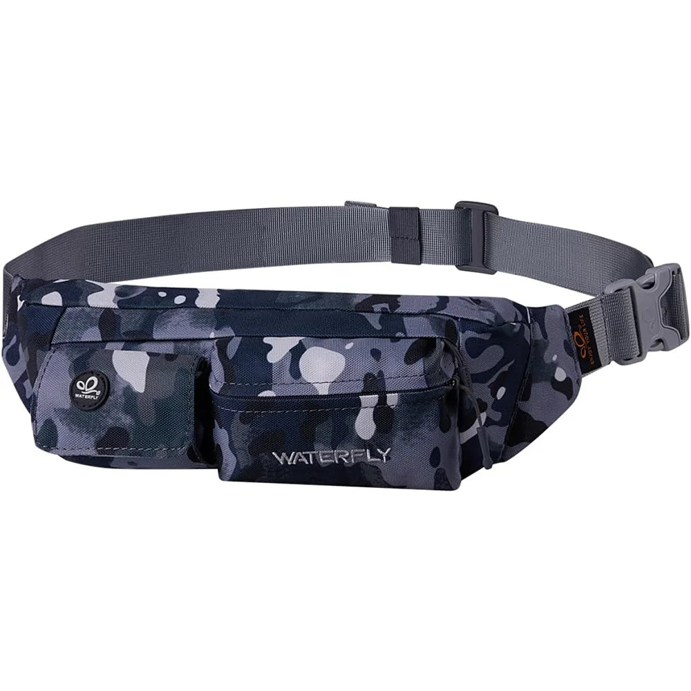 A dark camouflage waist bag with a black strap and a hidden security compartment.