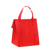 A bright red insulated tote bag with a quilted texture and a handle.