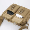 A tan tactical fanny pack is shown with a black smartphone and a white power bank visible inside.
