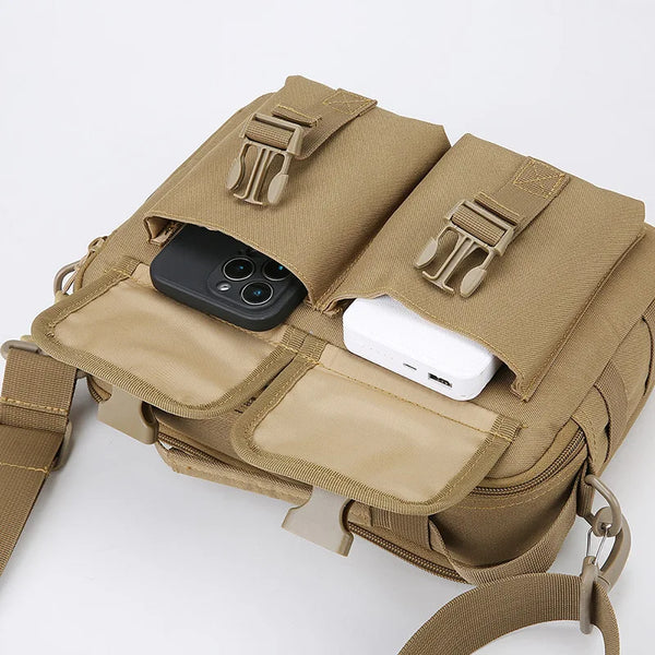 A tan tactical fanny pack is shown with a black smartphone and a white power bank visible inside.