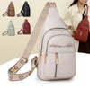 A beige women's PU leather crossbody chest bag shown with various color options and a close-up view.