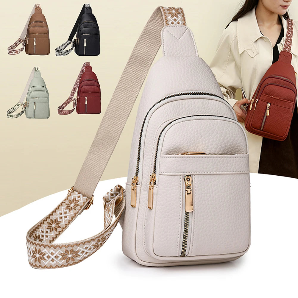 A beige women's PU leather crossbody chest bag shown with various color options and a close-up view.