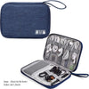 A dark blue portable digital organizer storage pouch with multiple compartments and accessories.