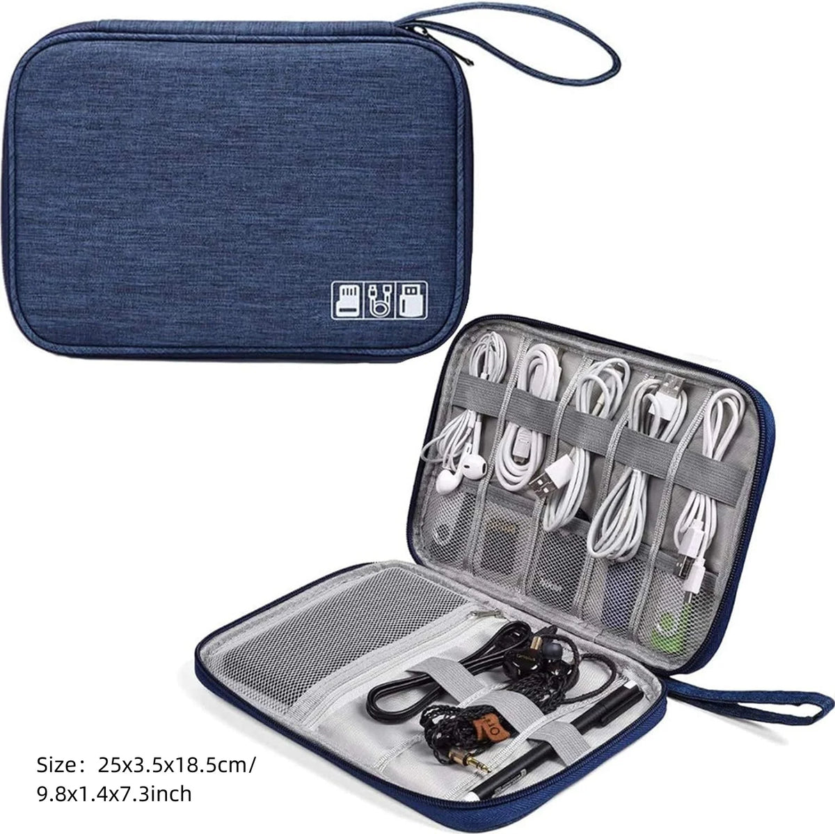 A dark blue portable digital organizer storage pouch with multiple compartments and accessories.
