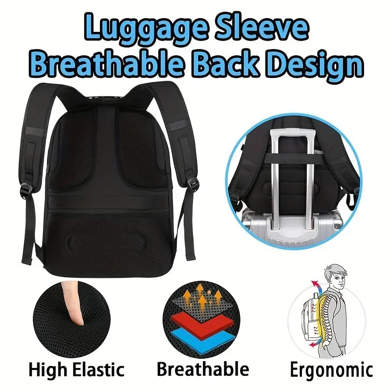 Black luggage sleeve backpack featuring a breathable back design and ergonomic features.