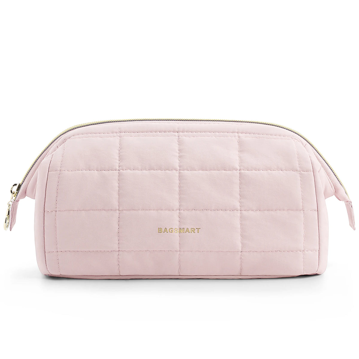 A light pink padded makeup bag with a quilted texture and gold lettering is shown flat.