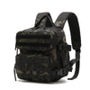 Black tactical MOLLE backpack with camouflage pattern and adjustable shoulder strap