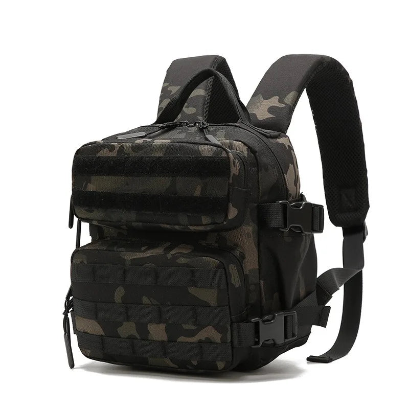 Black tactical MOLLE backpack with camouflage pattern and adjustable shoulder strap