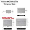 Various sizes of grey PU laptop sleeves for 12 to 16 inch notebooks shown with dimensions.
