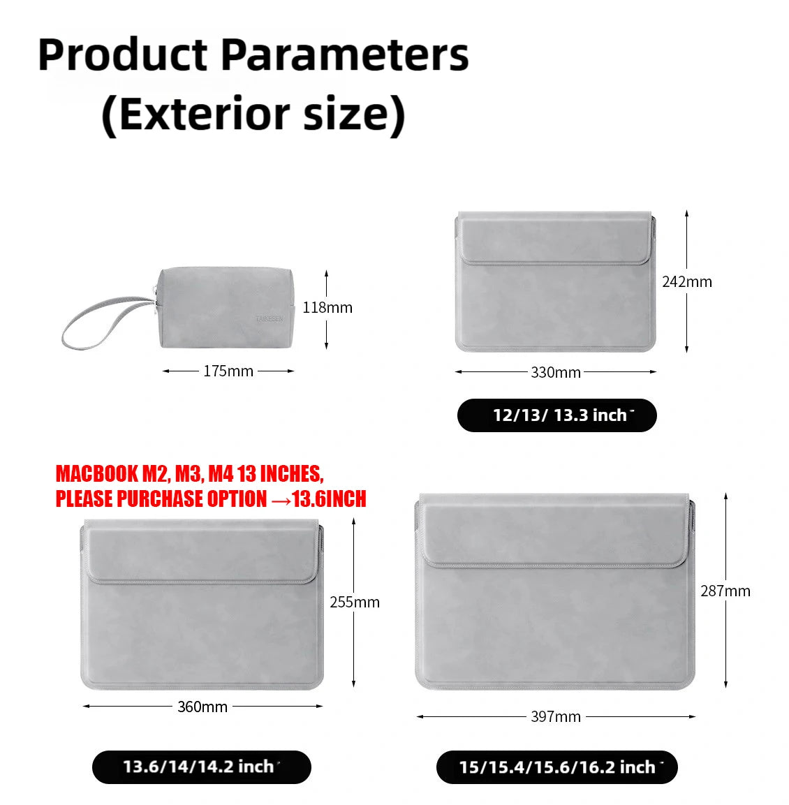 Various sizes of grey PU laptop sleeves for 12 to 16 inch notebooks shown with dimensions.