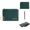 A dark teal leather card holder wallet with a zipper and gold-toned chain, shown in multiple views.