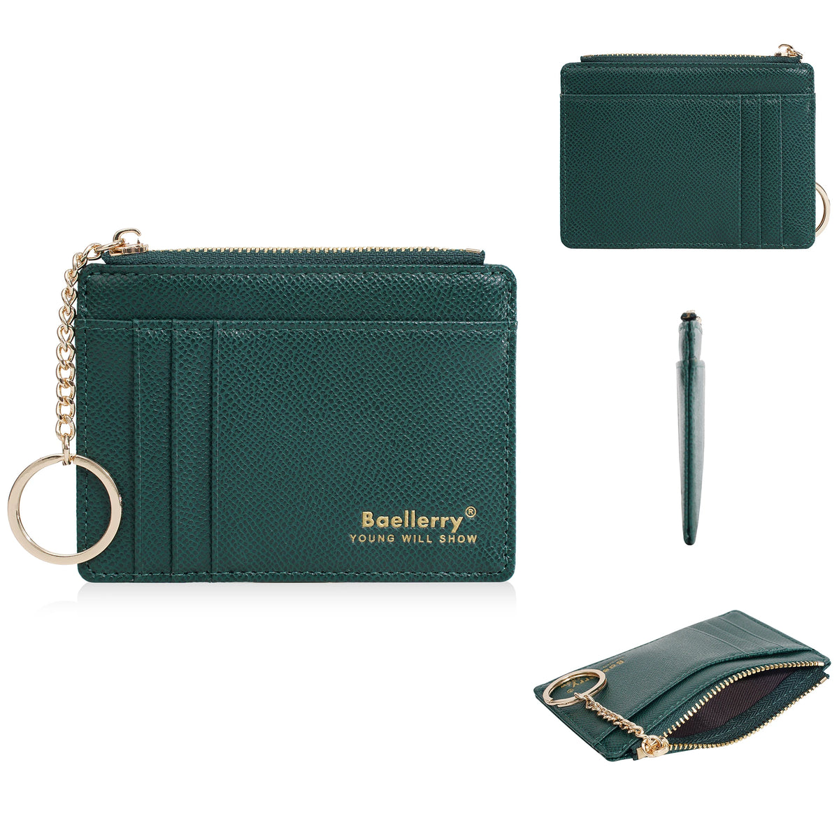 A dark teal leather card holder wallet with a zipper and gold-toned chain, shown in multiple views.