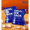 Five blue reusable ice pack bags filled with ice cubes are displayed on an orange surface.