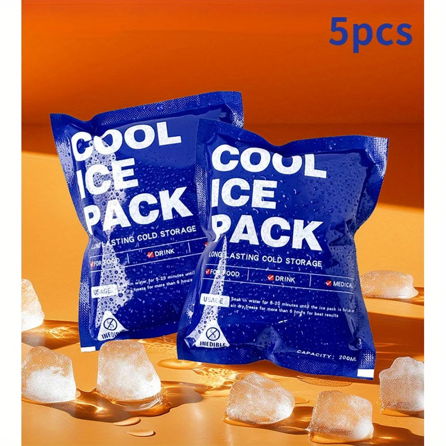 Five blue reusable ice pack bags filled with ice cubes are displayed on an orange surface.