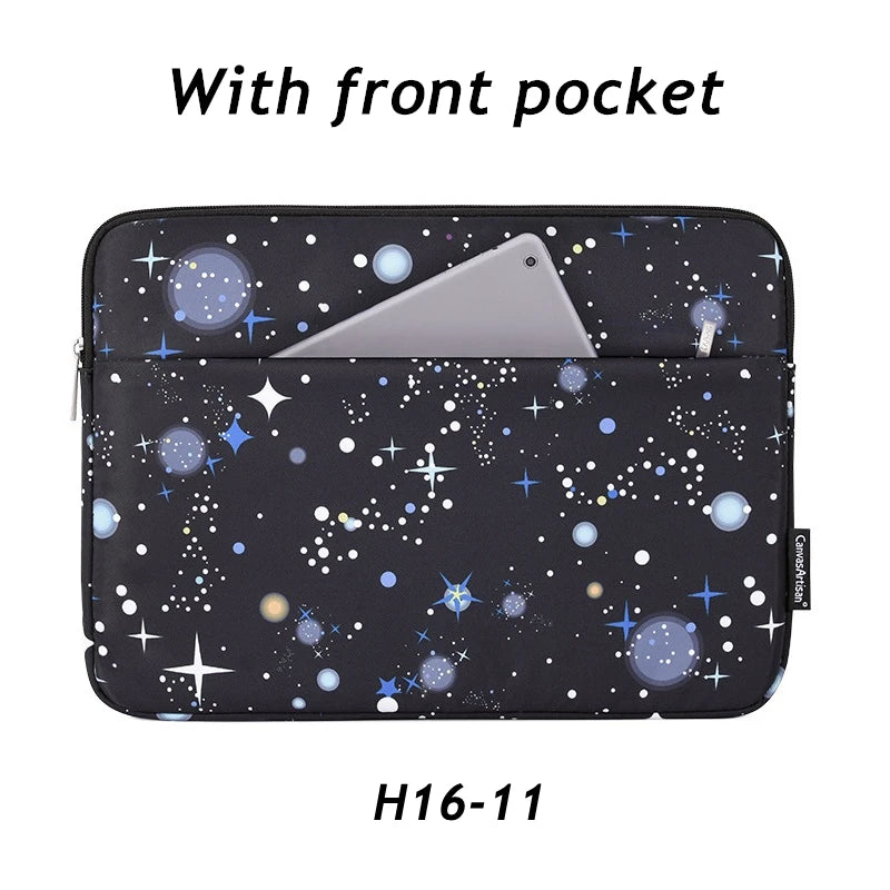 Black laptop sleeve with a front pocket featuring a starry night design