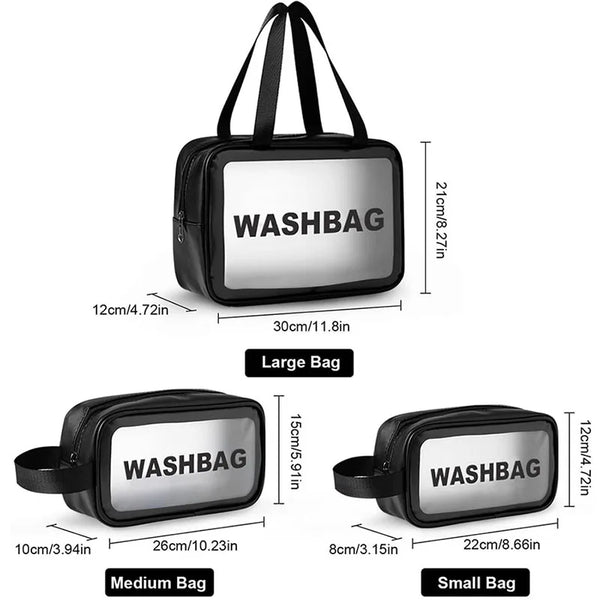 A set of black waterproof travel bags in various sizes, including large, medium, and small washbags.