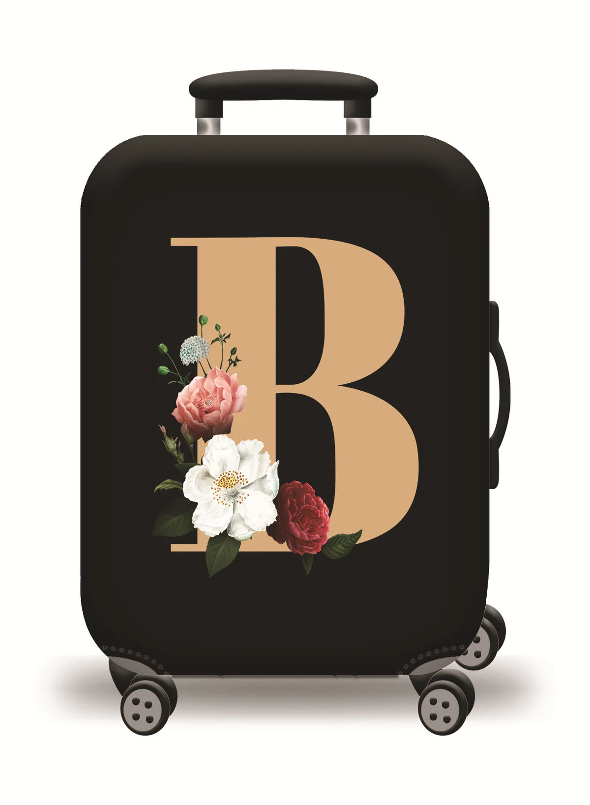 A black suitcase with a large gold letter B and floral accents, shown on rolling wheels.