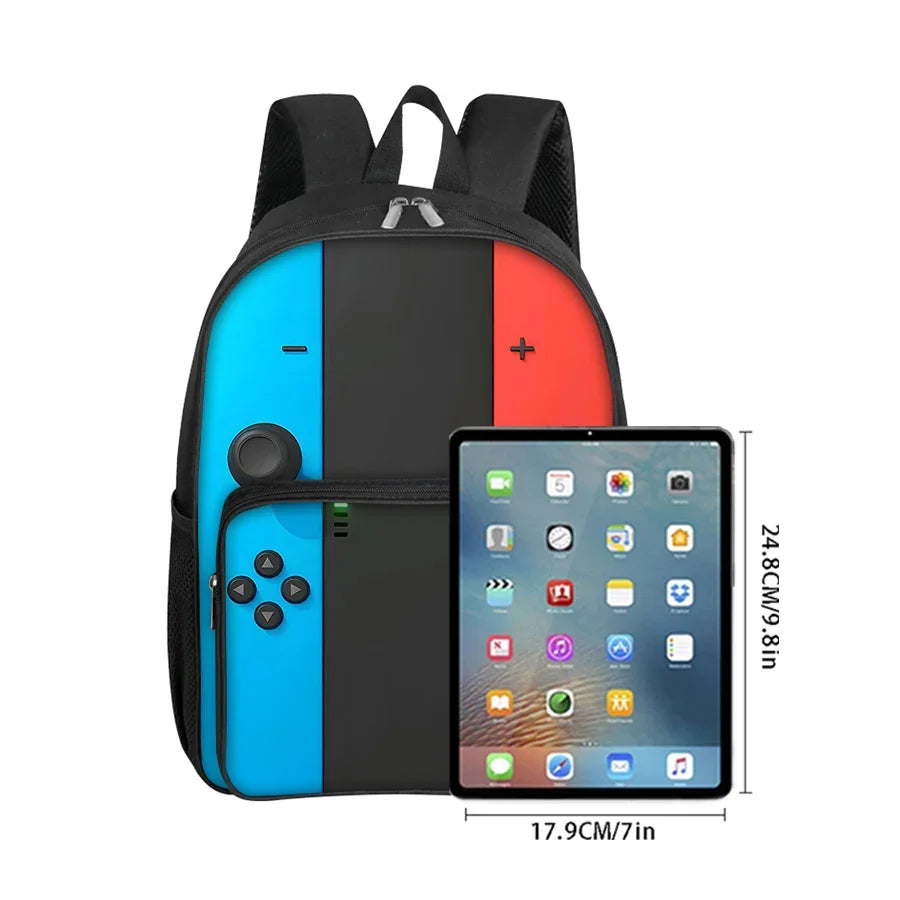 Black and blue cartoon backpack featuring a front pocket and a mounted tablet display.