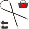 A brown leather crossbody strap with a rectangular pouch featuring a red cross design.