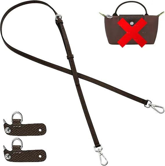 A brown leather crossbody strap with a rectangular pouch featuring a red cross design.