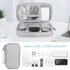 A gray waterproof cable organizer storage bag is shown open, displaying various electronic cables and accessories.