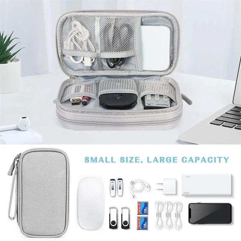 A gray waterproof cable organizer storage bag is shown open, displaying various electronic cables and accessories.