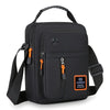 Black men's crossbody sling bag with a zippered compartment and adjustable strap.