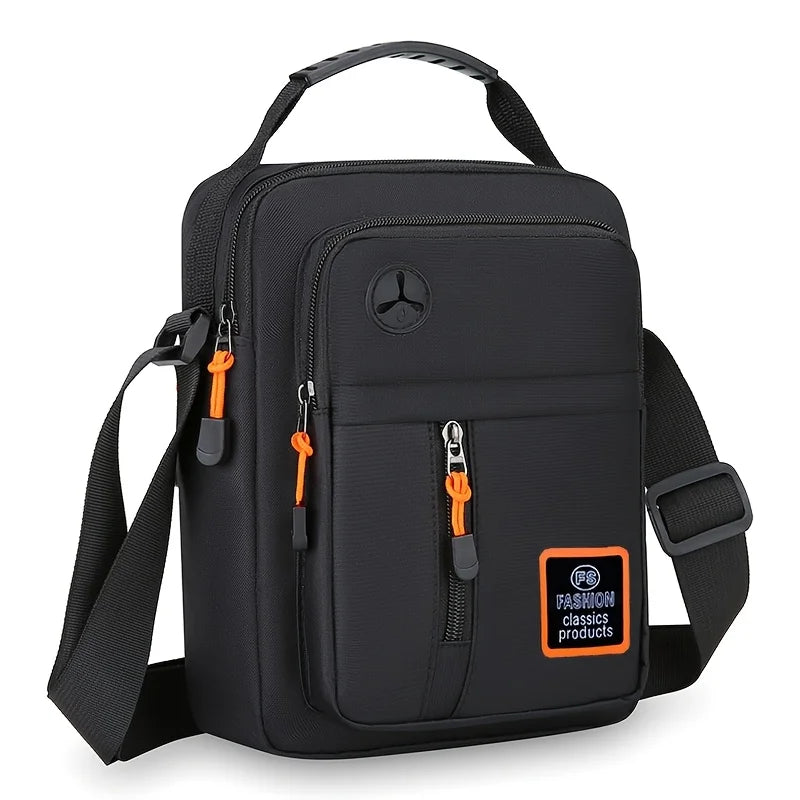 Black men's crossbody sling bag with a zippered compartment and adjustable strap.