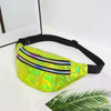 A neon yellow holographic sequin waist bag with a black adjustable strap is displayed on a white surface.