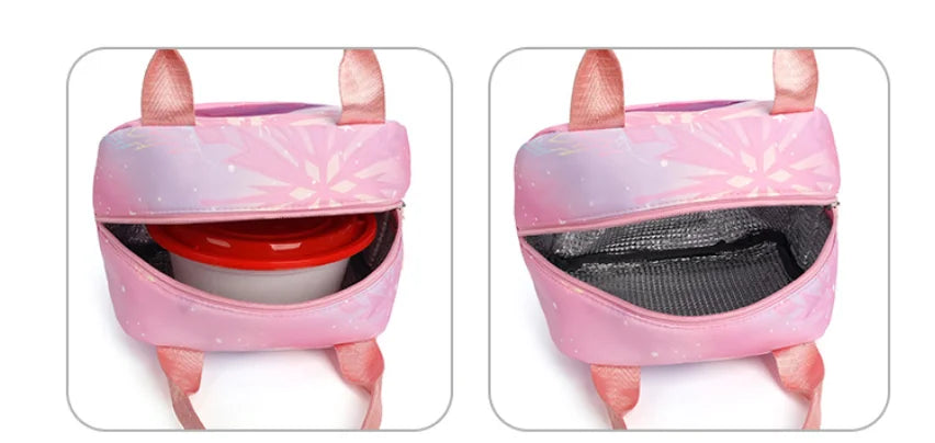 Pink insulated backpack with a zippered compartment and pink straps
