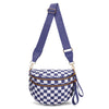 Lila karierte Crossbodytasche mit goldfarbenen Details und passendem Trageriem.