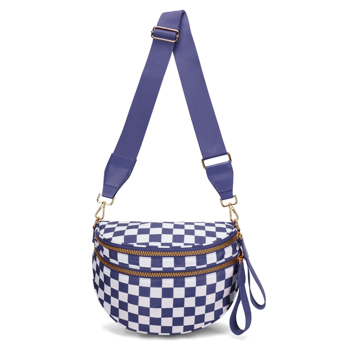 Lila karierte Crossbodytasche mit goldfarbenen Details und passendem Trageriem.