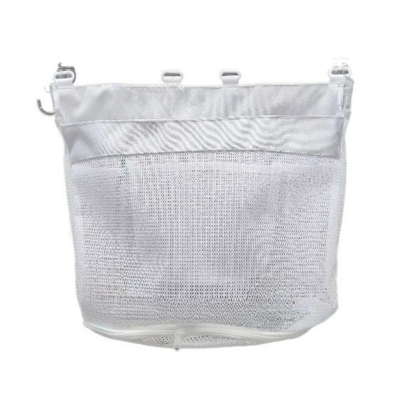 Silver mesh storage caddy with a fabric top for bathroom and bedroom organization