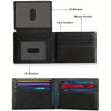 A black slim leather wallet shown in multiple views, displaying ID windows and card holders.