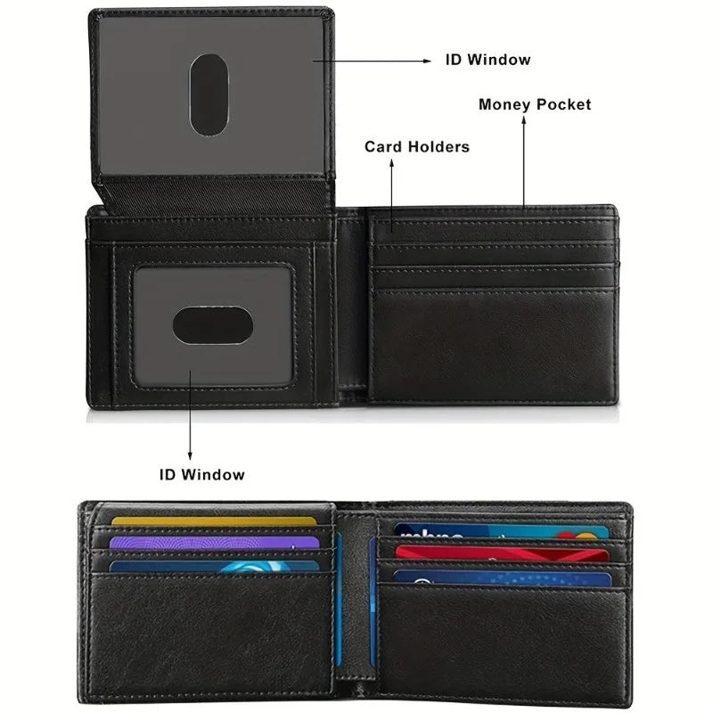 A black slim leather wallet shown in multiple views, displaying ID windows and card holders.