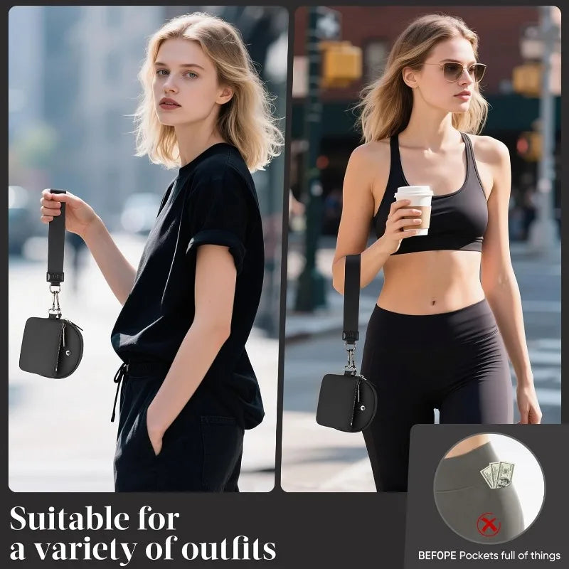 Two models wearing black outfits, demonstrating the dual-zip wristlet wallet with a detachable strap.