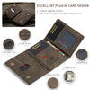 A brown leather trifold card holder wallet featuring magnetic card slots, a photo slot, and cash slots.