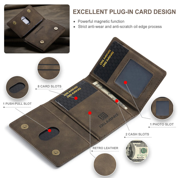 A brown leather trifold card holder wallet featuring magnetic card slots, a photo slot, and cash slots.