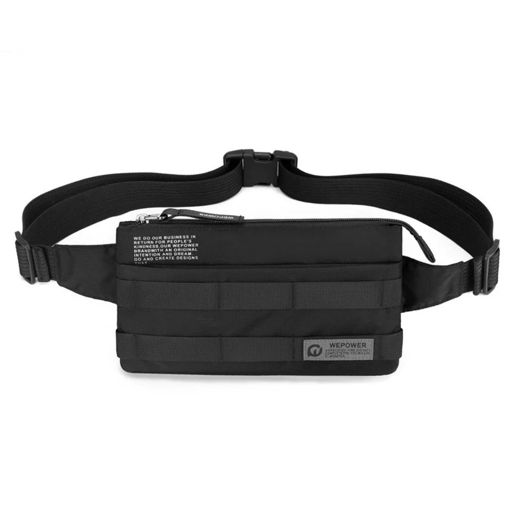 Black woven chest bag with a black strap and buckle for outdoor activities