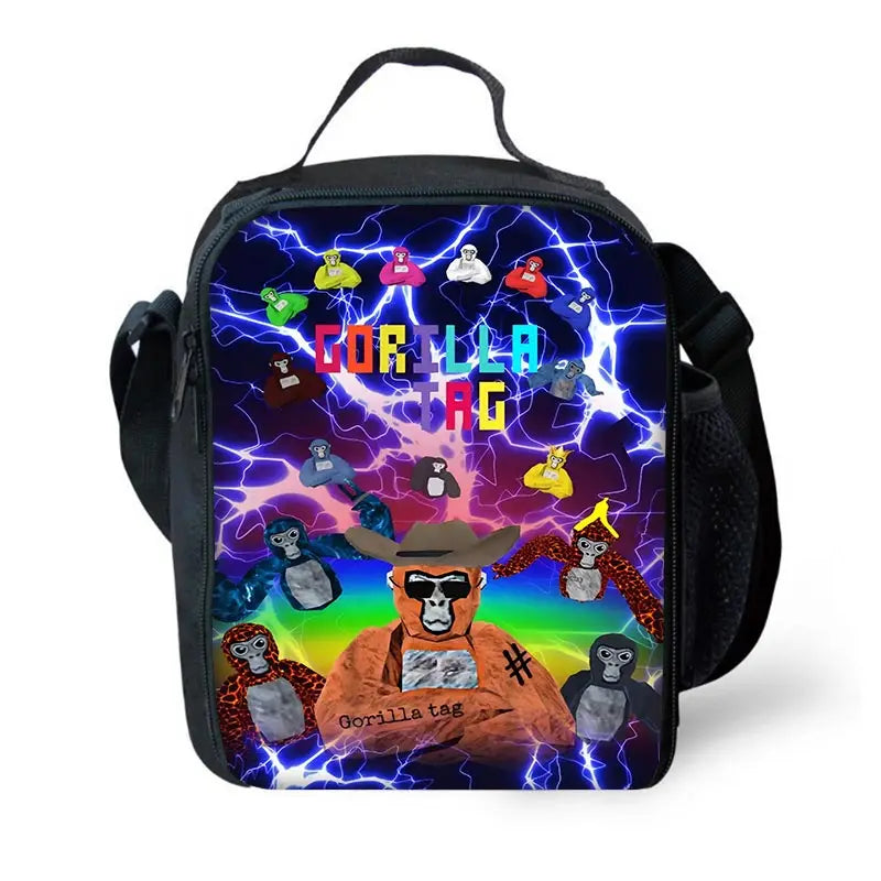 Sac à dos noir avec un graphisme vibrant d'une silhouette de gorille entourée d'éclairs bleus vifs.