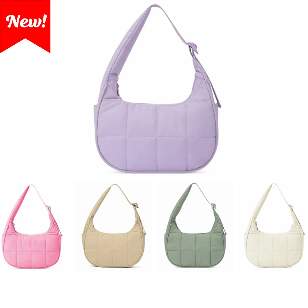 A set of four quilted nylon shoulder bags in pink, beige, sage green, and cream colors.