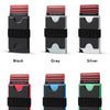 A set of RFID blocking metal pop-up card wallets shown in various colors including black, grey, silver, red, blue, and green.