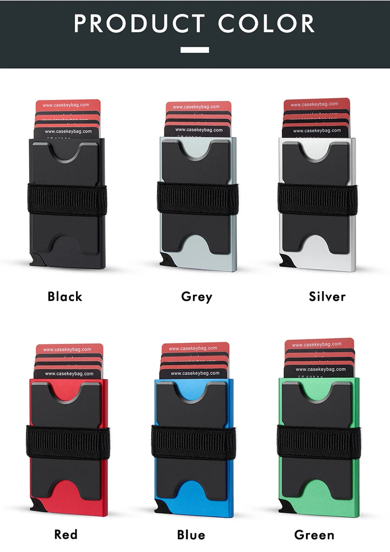 A set of RFID blocking metal pop-up card wallets shown in various colors including black, grey, silver, red, blue, and green.