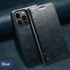 A dark blue magnetic leather flip case for a smartphone, shown in profile against a dark background.